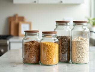 Glass jars filled with various grains and seeds arranged on a kitchen countertop in a modern setting