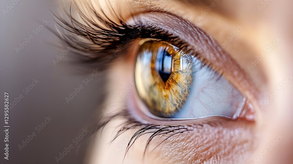 Poster close up detail of an eye reflecting light with beautiful iris and eyelashes : generative ai
