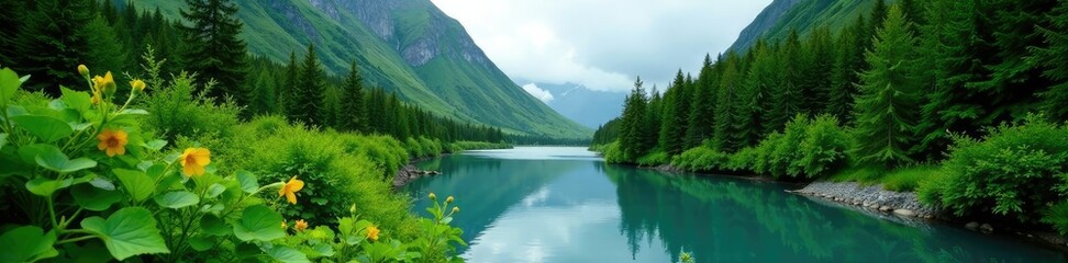 Fototapeta premium Lush foliage and greenery thrive in the floodplain at Port Valdez's mouth, evergreen, alaska landscape