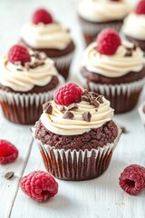 Delicious chocolate cupcakes topped with creamy frosting and fresh raspberries for an enticing dessert experience.