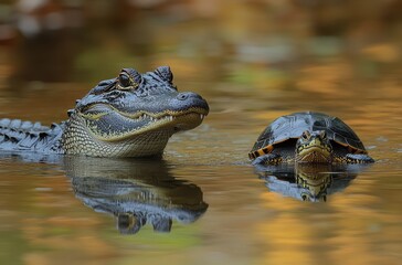 Obraz premium Close View of a Crocodile and a Turtle Swimming Together in a Calm Water Body Surrounded by Natural Scenery and Soft Reflections of Colors