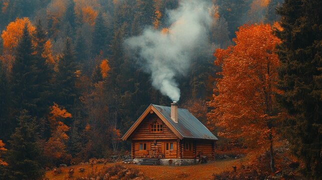 Cozy wooden cabin nestled in a vibrant autumn forest, smoke rising from its chimney.
