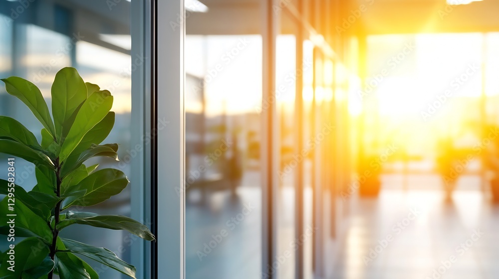Poster Sunlight streaming through glass walls into a modern office space with lush greenery adding to the ambiance : Generative AI