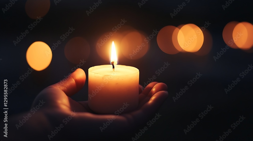 Fototapete peaceful candle glows softly in hand creating warm ambiance in a dark setting : generative ai