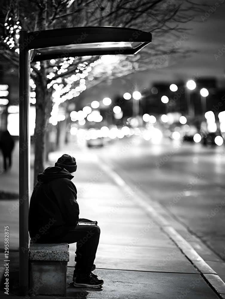 Poster lonely figure sitting at a dimly lit bus stop with city lights in the background : generative ai
