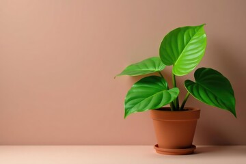 Fototapeta premium Lush green Alocasia leaves in a small brown flower pot, leaves, plant