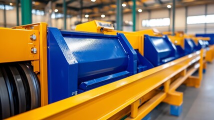 Fototapeta premium Industrial Machinery with Blue and Yellow Components in Warehouse Setting