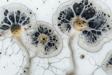 Abstract art of two organic forms, resembling fungi or cells, with intricate veins and dark centers. Ideal for science, nature, or abstract design projects needing unique textures.