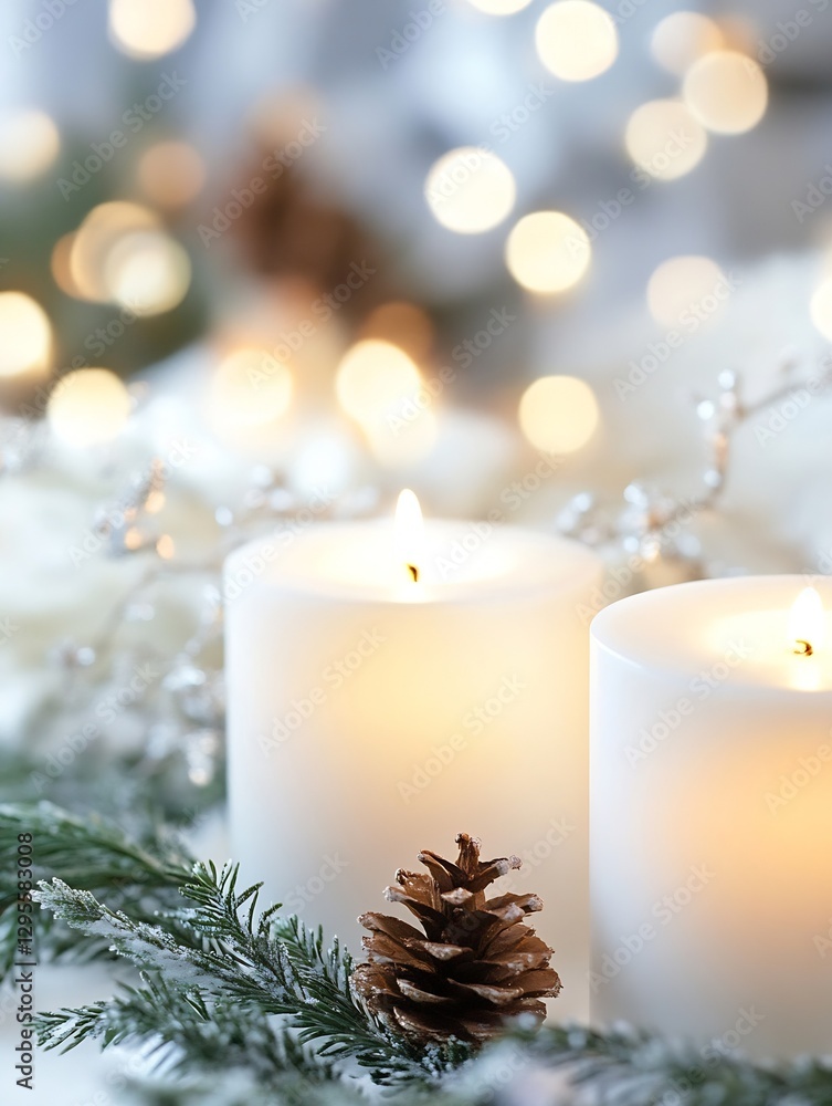 Leinwandbilder serene scene of white candles and evergreen pine cone with soft bokeh lights : generative ai