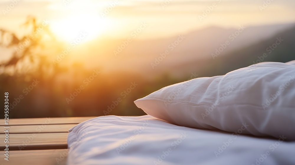 Poster bright sunrise over mountain range with soft pillow and scenic view : generative ai