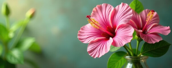 Pink hibiscus flowers in a vase with fresh greenery, nature, fresh greenery, flowers