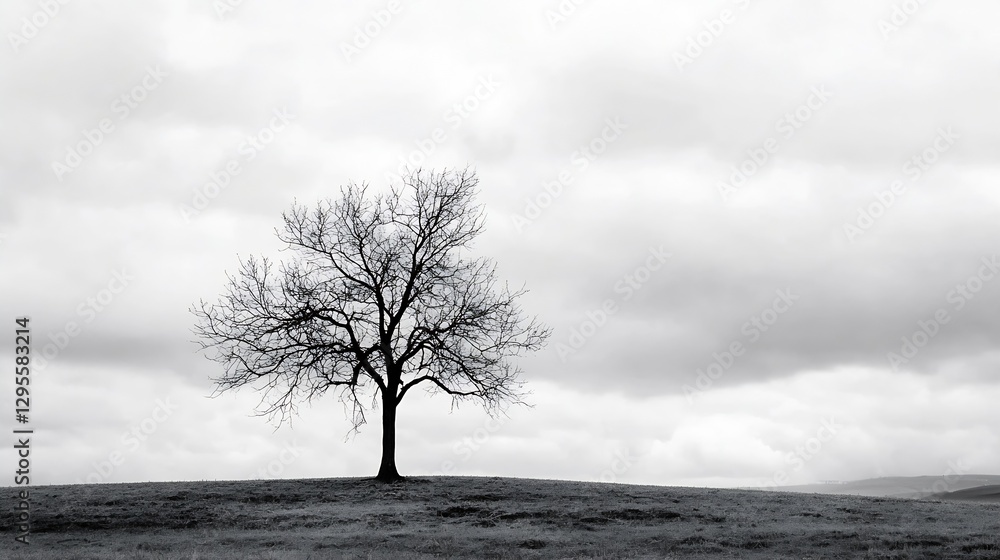 Poster lonely bare tree standing on an hilltop under gloomy cloudy skies : generative ai