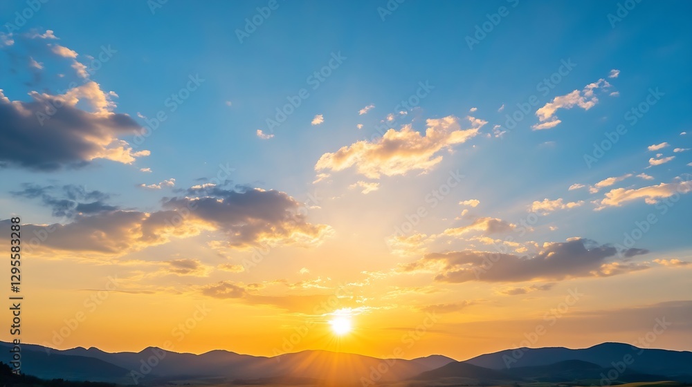 Poster stunning sunset horizon with rays of sunlight breaking through clouds over rolling hills and valleys