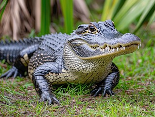 Fototapeta premium Close-Up Image of a Freshwater Crocodile on the Grass with Greenery in Background Capturing the Intricate Texture and Unique Features of its Skin and Eyes