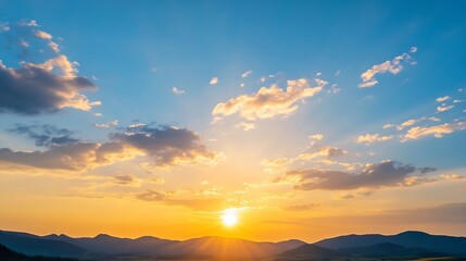 Stunning sunset horizon with rays of sunlight breaking through clouds over rolling hills and valleys : Generative AI