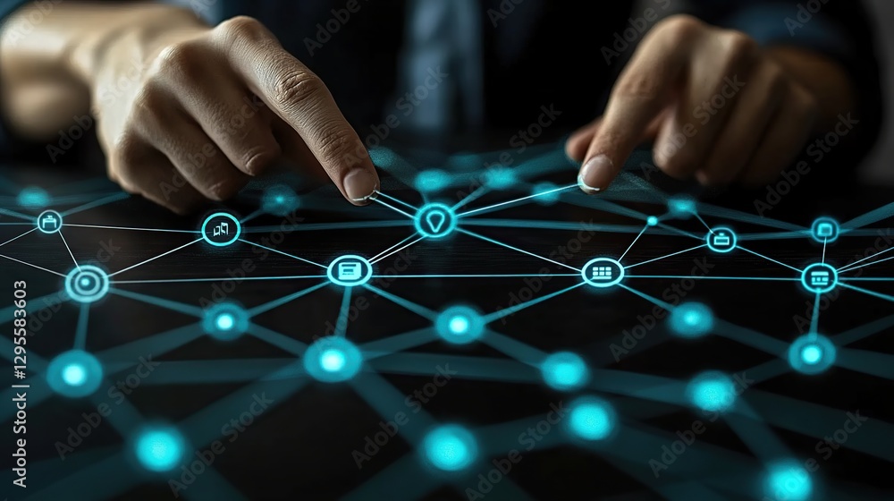 Aufkleber hands interacting with a digital network graphic on a table