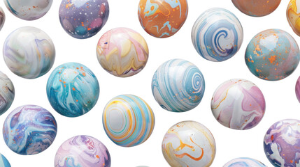 Colorful marbled spheres floating on transparent background