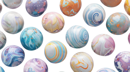 Colorful marbled spheres floating on transparent background