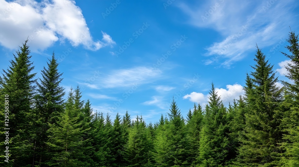 Poster expansive view of a lush green pine forest under a bright blue sky with scattered clouds : generativ