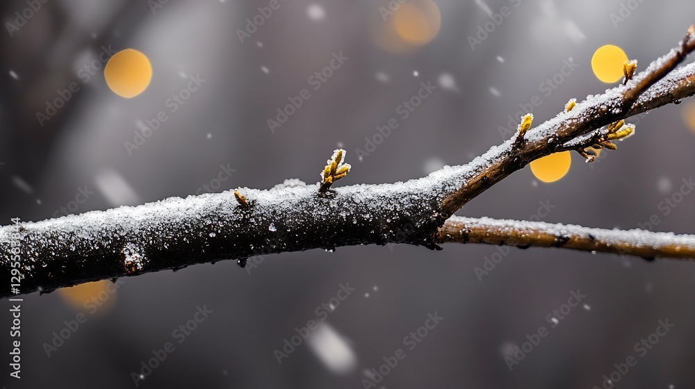 Poster close up view of frozen branches in winter with fresh snow and beautiful blurred lights in bokeh bac