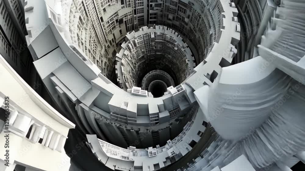 Aufkleber exploration of a dystopian cityscape in a spiral structure showcasing abstract architecture and dept
