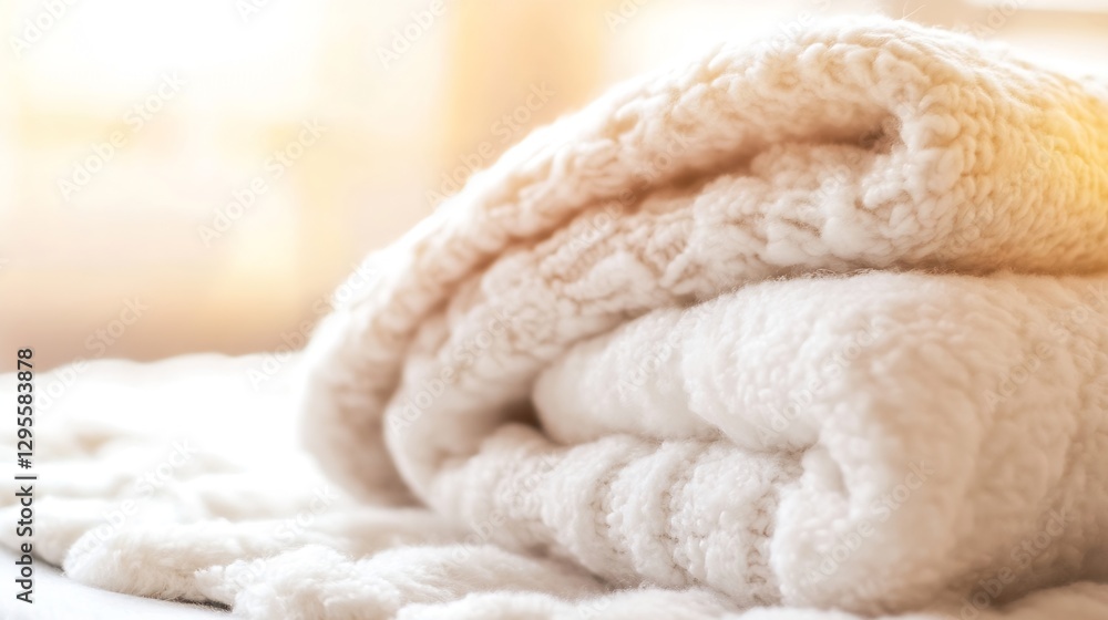 Poster soft white knitted blanket rolled up for comfort and warmth in cozy home setting : generative ai