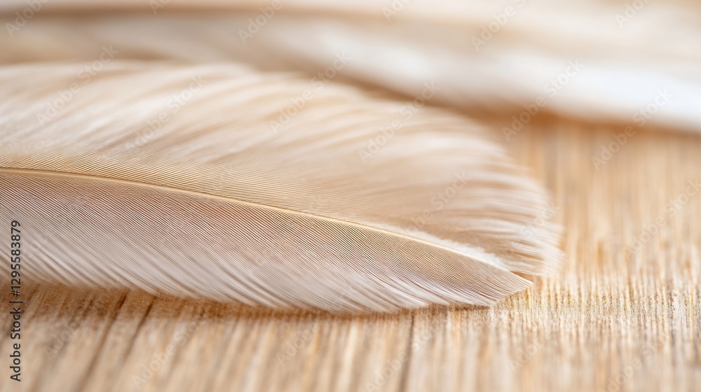 Aufkleber closeup of delicate and soft white feathers resting elegantly on a smooth wooden surface : generativ