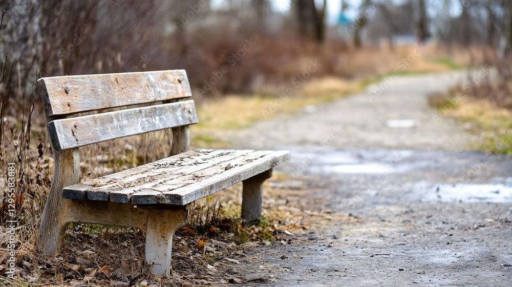 Poster peaceful wooden bench in a serene park setting surrounded by nature and walking paths : generative a