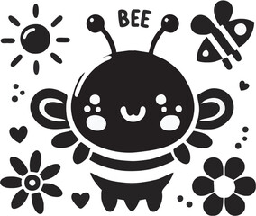 Cute cartoon bee character surrounded by flowers, sun, and butterfly in a playful design