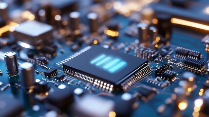 Macro Shot of an Advanced Circuit Board with a Digital Display and Lights : Generative AI