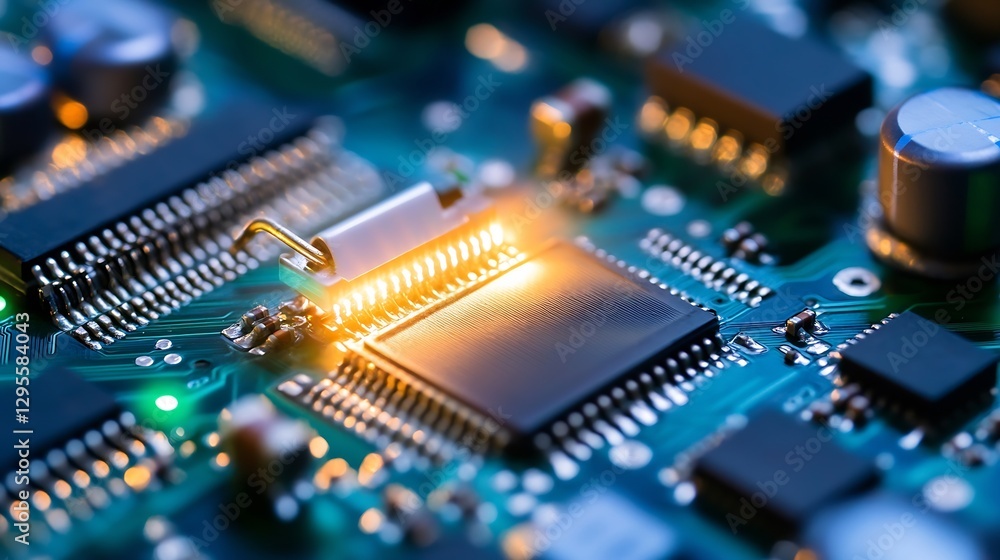 Poster Close Up View of a Glowing Microchip on Circuit Board : Generative AI