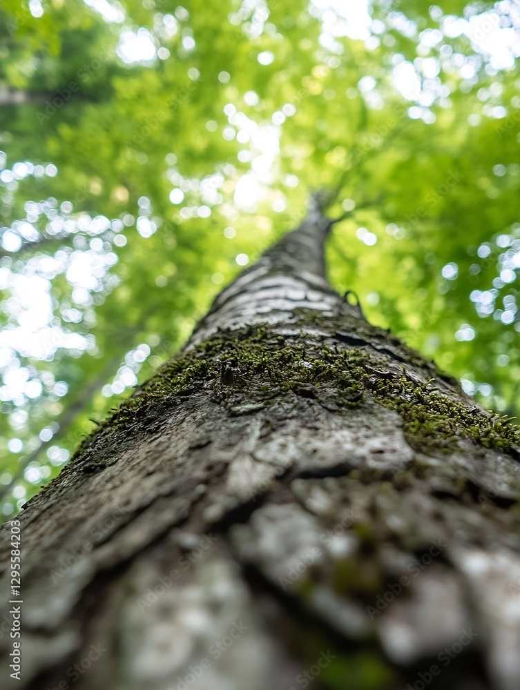 Poster Imposing Perspective of Tall Tree Trunk Covered with Green Moss in a Dense Forest : Generative AI