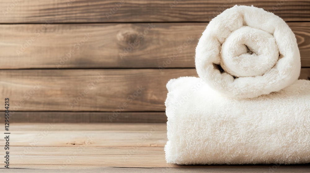 Poster rolled soft white towels on a rustic wooden surface for spa and bath : generative ai