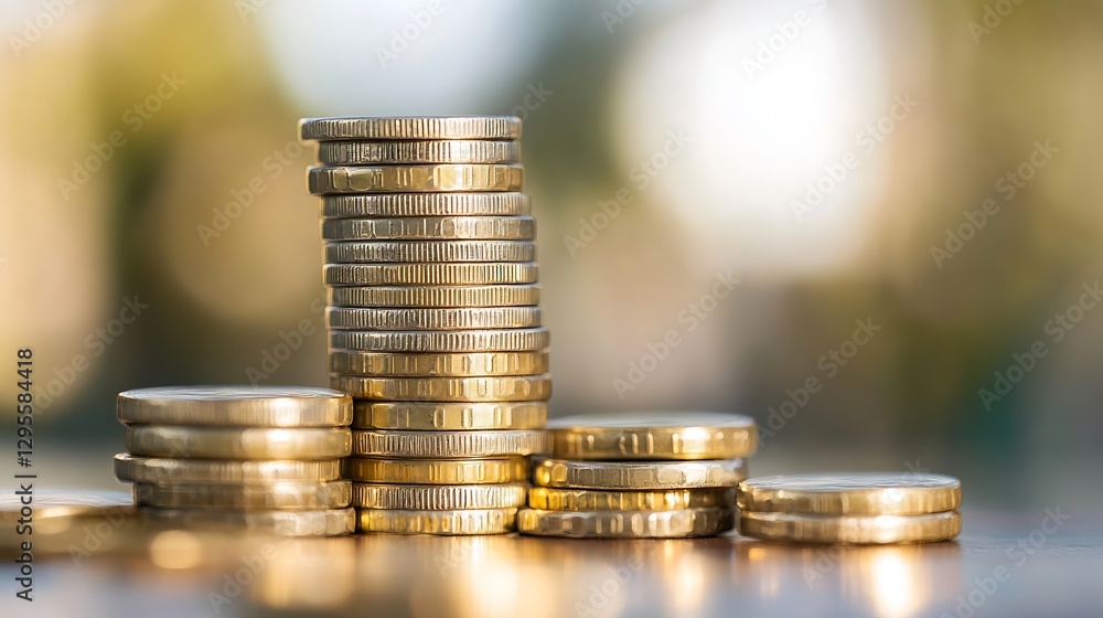 Poster stacks of shiny gold coins arranged in an artistic formation on a blurred background : generative ai