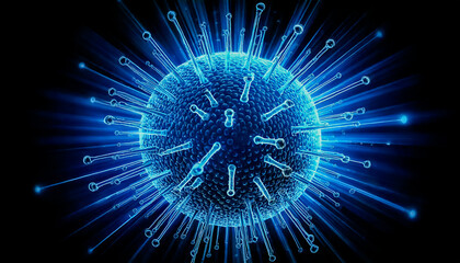 Computer Virus Image, Hacking and Virus Danger Concept. Blue Filter with two rays of light appearing on black background, Computer Virus Image, Malware, Ransomware. Virus made from circuits
