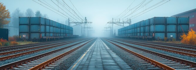 Fototapeta premium Long desolate railway yard reveals industrial isolation and endless tracks in fog
