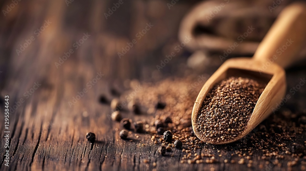 Poster a wooden scoop filled with aromatic spices resting on a rustic wooden surface : generative ai