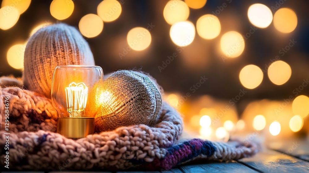 Aufkleber cozy winter scene with warm light glowing from a decorative bulb and knit texture in soft colors : g