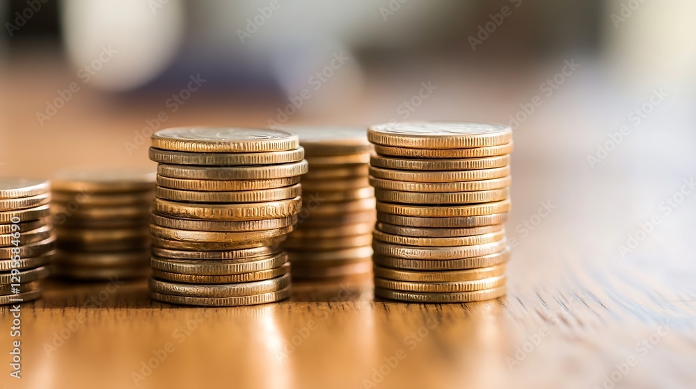 Poster stacks of coins on wooden table reflecting financial stability and wealth management concepts : gene