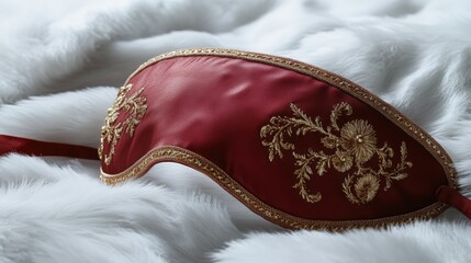 Naklejka premium Luxurious deep red sleep mask with gold embroidery on plush bedding