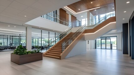 Obraz premium Modern office reception area with wooden stairs and bright open space designed for corporate environments : Generative AI