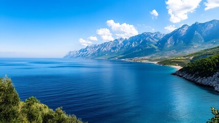 Stunning coastal view of a tranquil sea and mountains under a clear blue sky with fluffy clouds : Generative AI