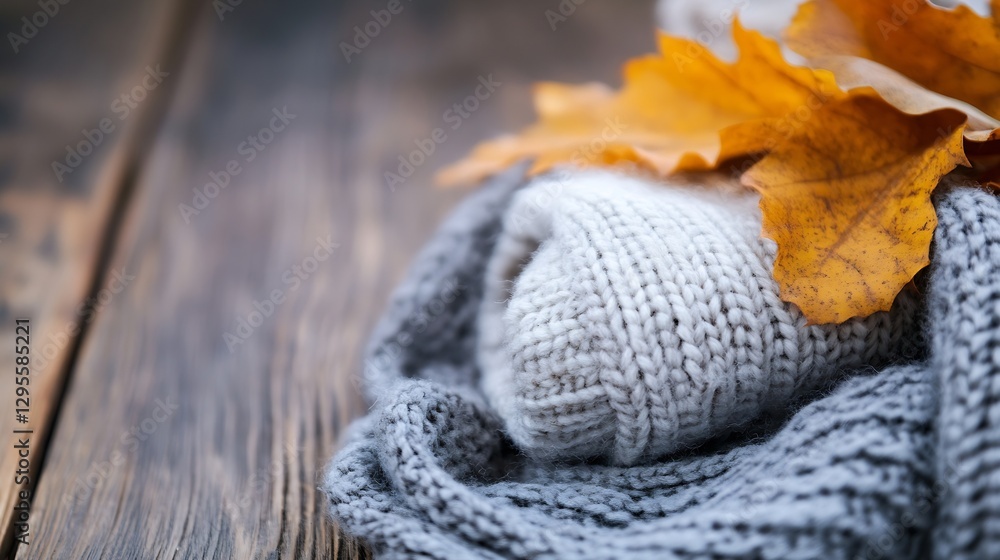 Aufkleber soft knit sweater and autumn leaves on a rustic wooden table : generative ai