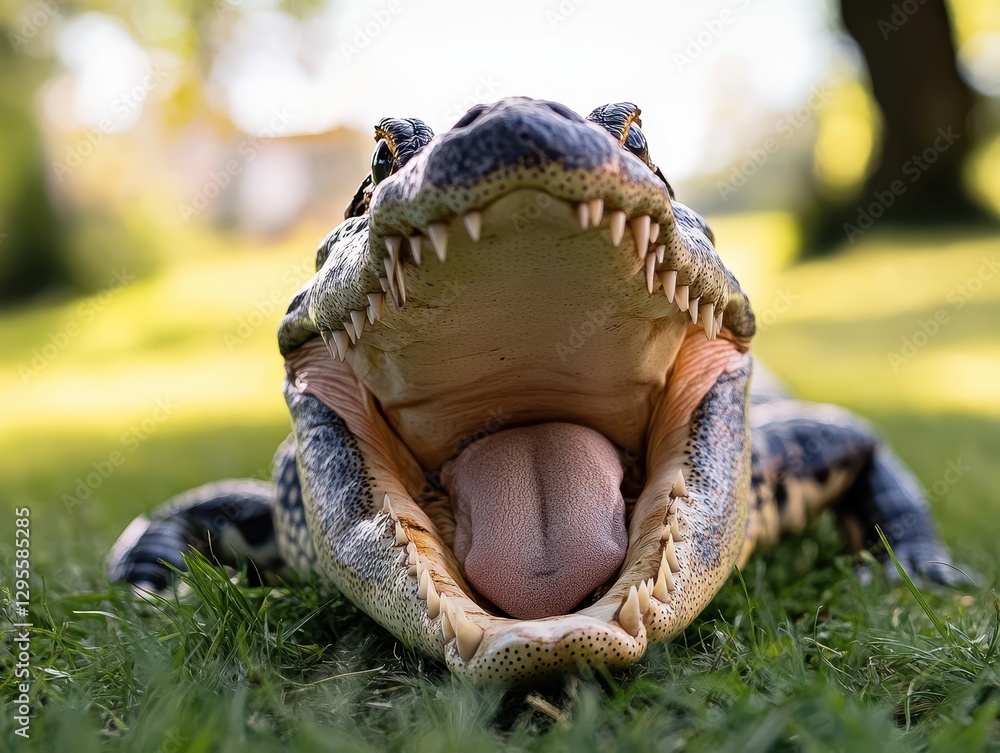 Poster close-up of a crocodile displaying wide-open mouth on grassy ground under bright sunlight, emphasizi