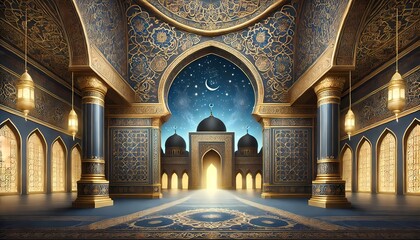 Obraz premium Majestic masjid-themed background and wallpaper with deep blue and gold hues, a starry sky, and a clean space for Eid or Ramadan greetings