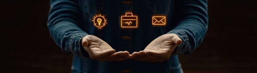Hands holding digital icons of tools, communication, and ideas