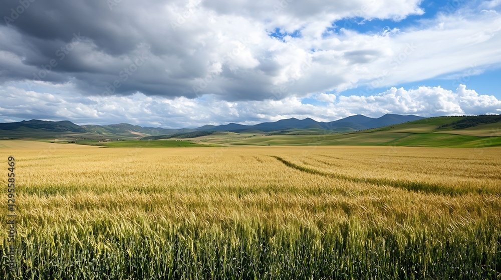 Poster golden wheat field stretching under a dramatic sky accented by distant mountains and clouds : genera
