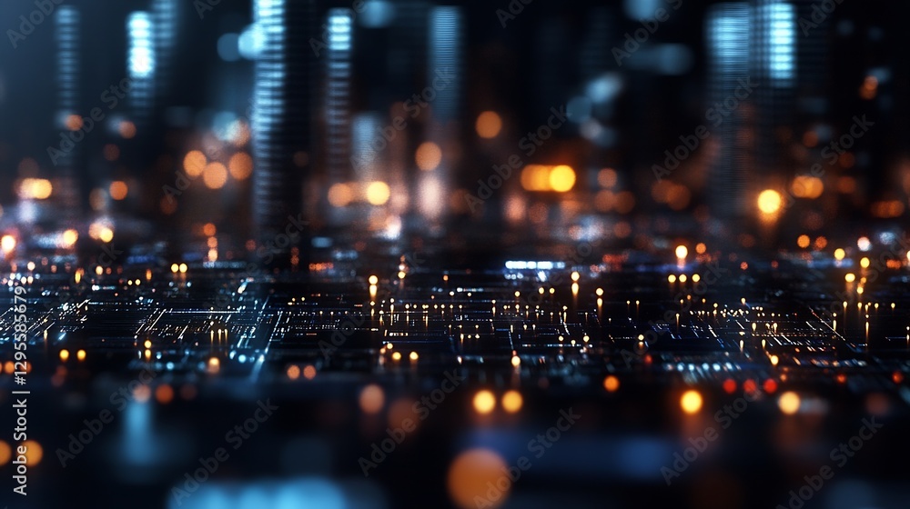 Poster Abstract Technology Background with Glowing Circuit Board and Lights : Generative AI