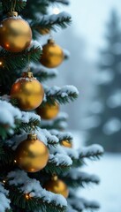 Snowy tree branch with golden ornaments and pinecones, festive, Christmas, winter