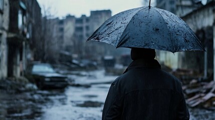 Person standing in the rain holding a black umbrella in a desolate urban landscape : Generative AI